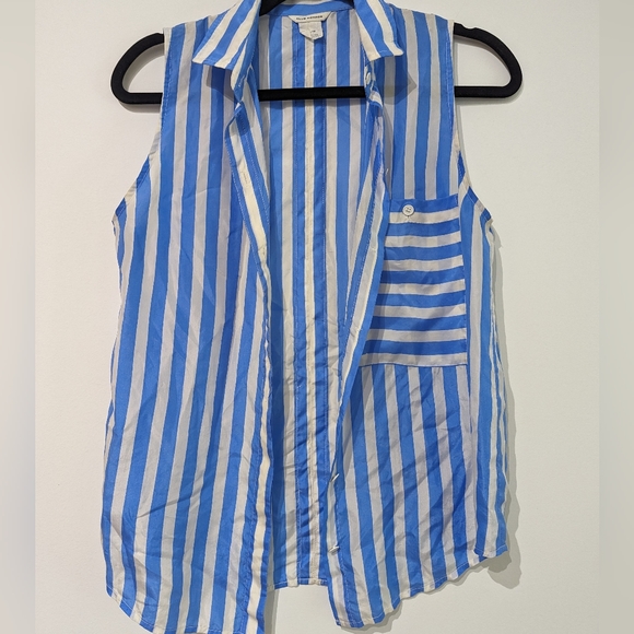 Blue and white striped sleeveless silk blouse - Picture 1 of 4